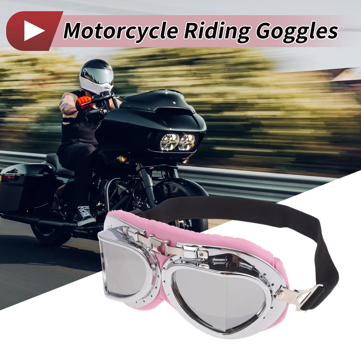 Goggles for Motorcycle Riding Pink Silver Lens Silver Frame PC PU Sponge