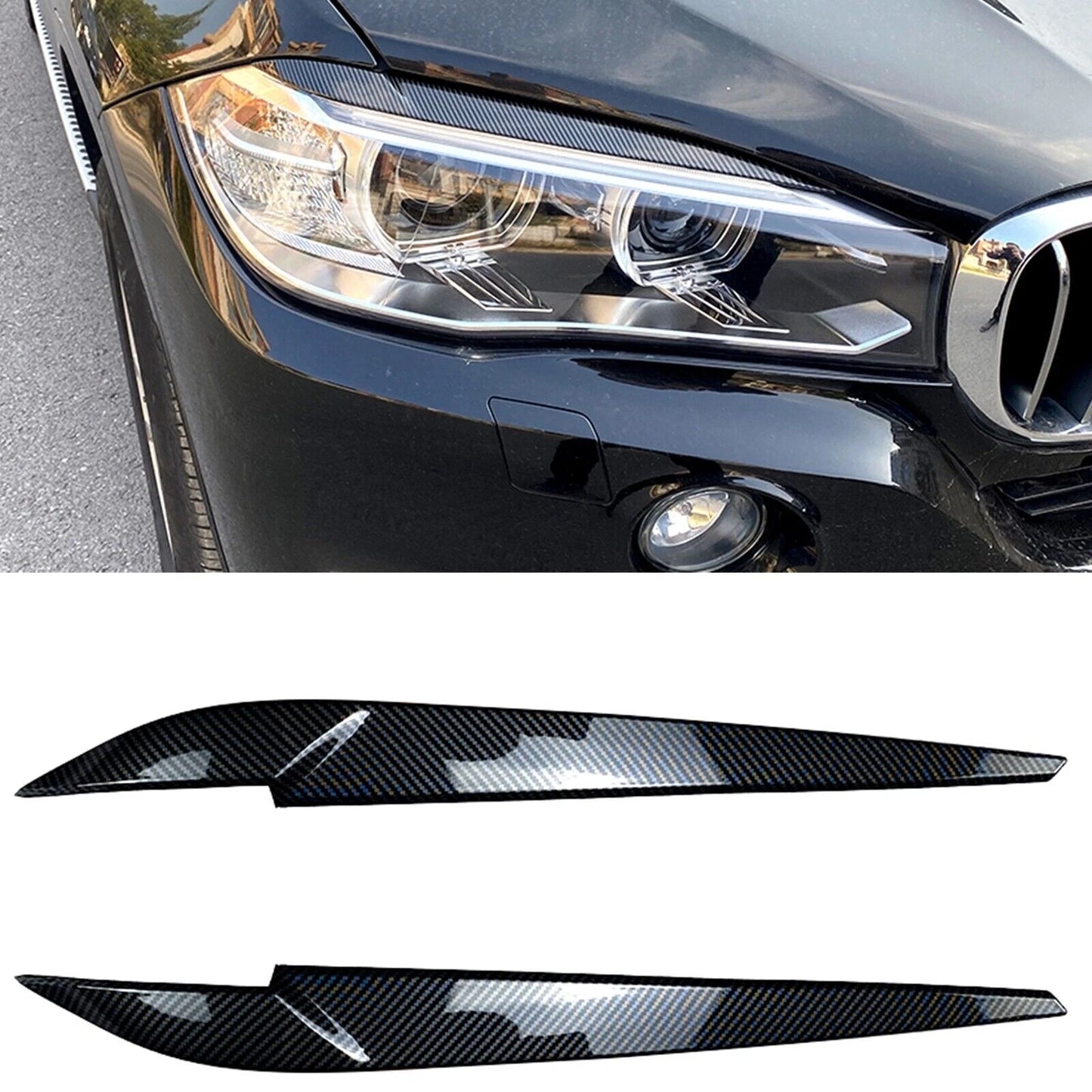 2 x Headlight Eyelid Covers for BMW X5 X6 F15 F16 (2014-2018) Carbon Style