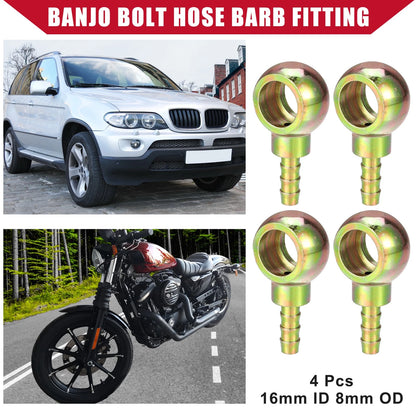 4 x Banjo Bolt Hose Barb Fitting 16mm ID 8mm OD for Auto Motorcycle