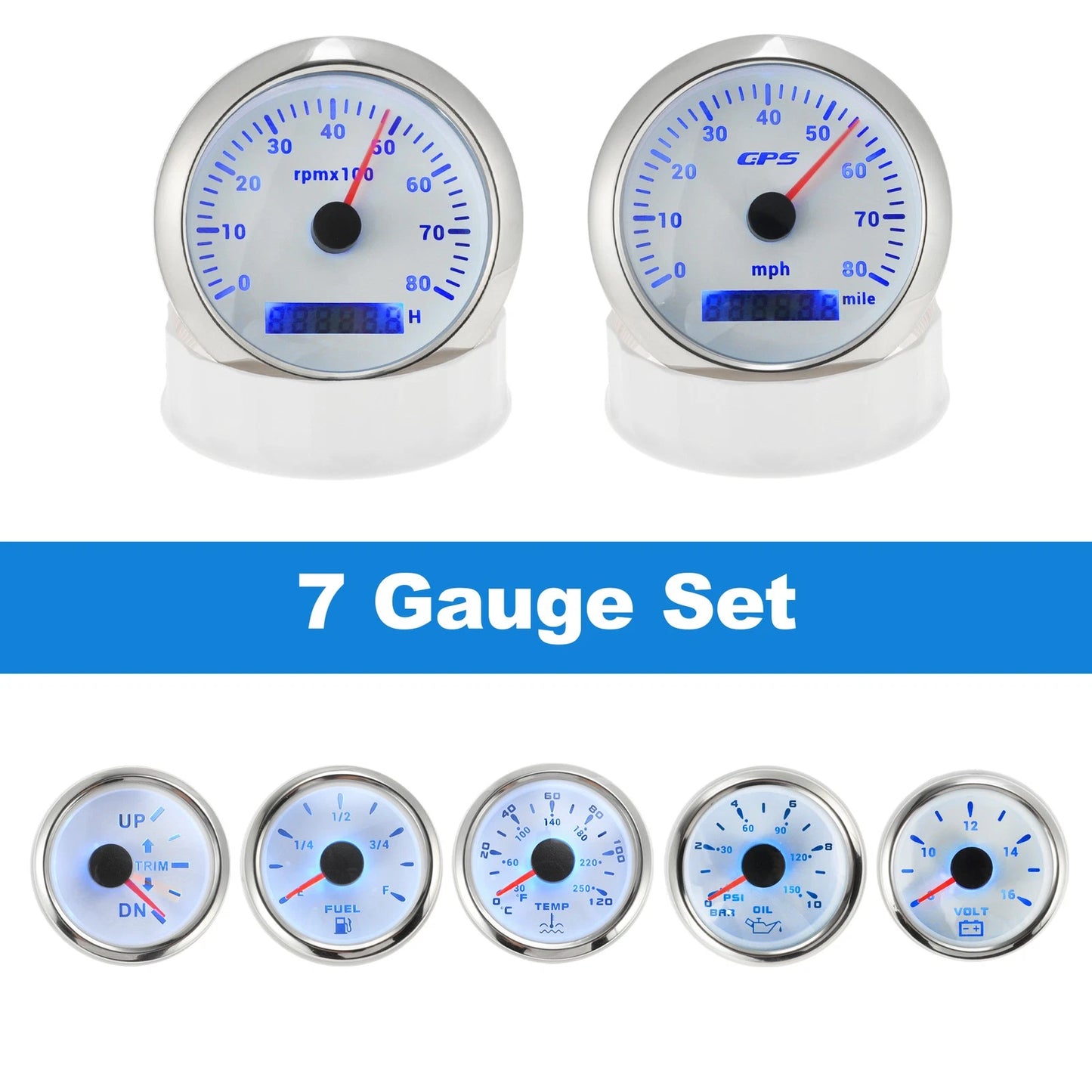 Boat 7 Gauge GPS Speedometer Tacho Fuel/Temp/Oil/Volt/Trim for Marine Car