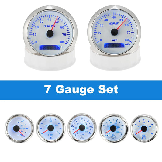 Boat 7 Gauge GPS Speedometer Tacho Fuel/Temp/Oil/Volt/Trim for Marine Car
