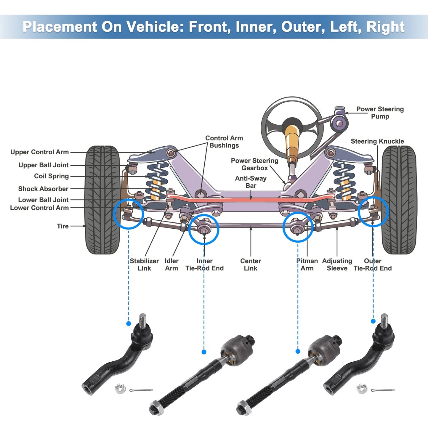 4 x Front Inner Outer Tie Rod End Links Kit for Ford Fusion, Lincoln MKZ