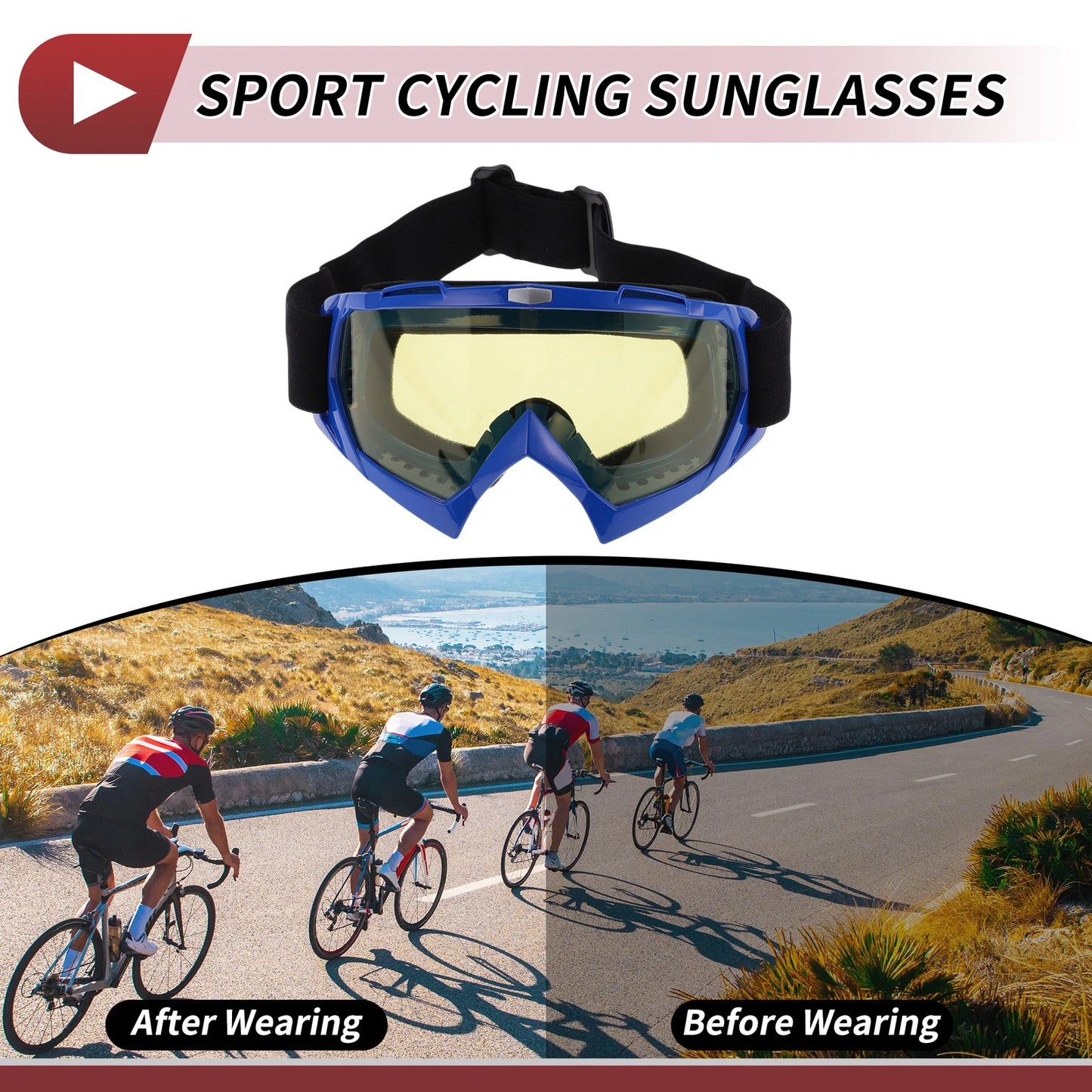 Set Motorcycle Riding Goggles Yellow Lens Blue Frame PC Cycling Sunglasses