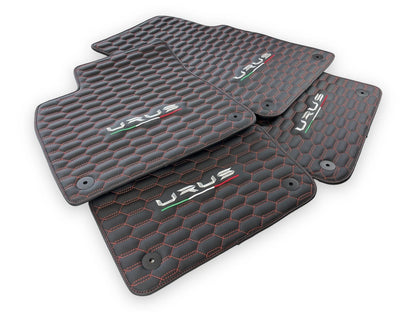 Leather Floor Mats for Lamborghini URUS 2018-2024 Black with Red Stitching