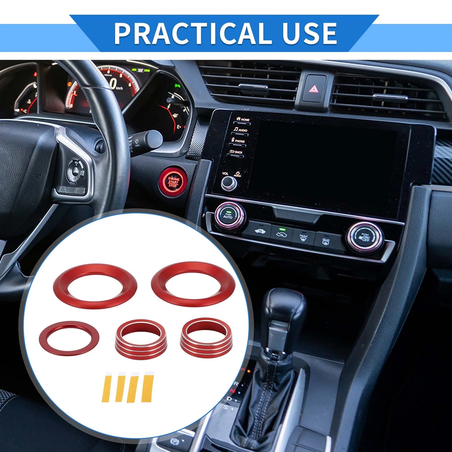 Red Engine Start Speaker Switch Knob Cover Ring for Honda Civic (2016-2021)