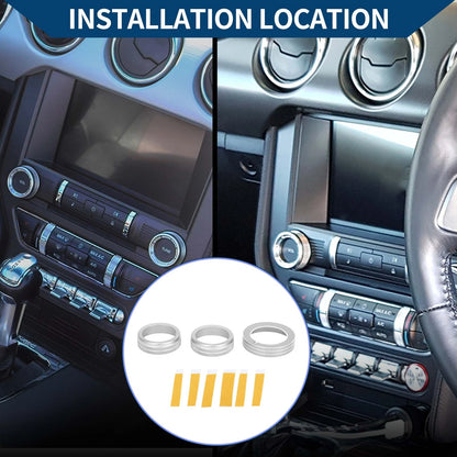 3 x Headlight Media Tune Knob Covers for Ford Mustang (2015-2021) Silver Tone