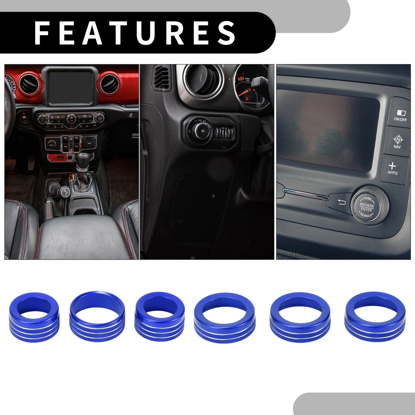 AC Headlight Media Switch Knob Cover Ring for Jeep Wrangler (2018-2023) 6 x Blue