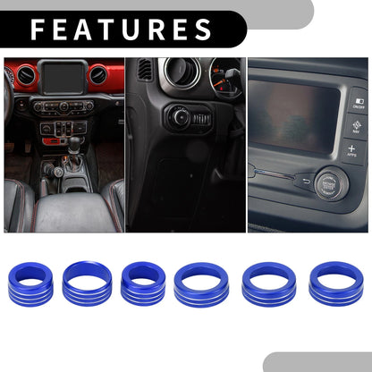 AC Headlight Media Switch Knob Cover Ring for Jeep Wrangler (2018-2023) 6 x Blue