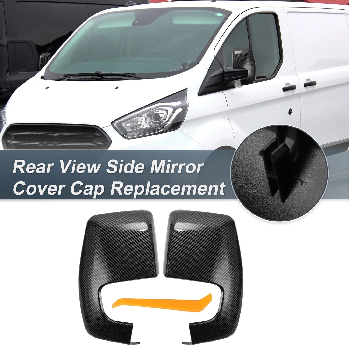 Rearview Mirror Cover Cap Black Carbon Fiber for Ford Transit Custom (2014-2023)