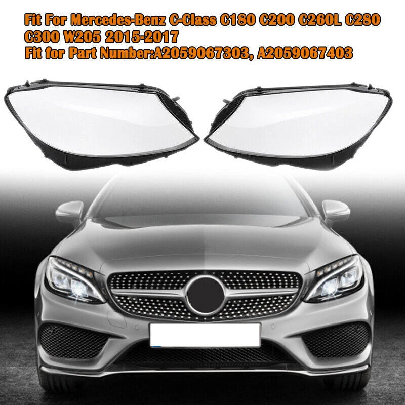 L+R Headlight Lens Covers for Benz W205 C180 C200 C260L C280 C300 (2015-2017)
