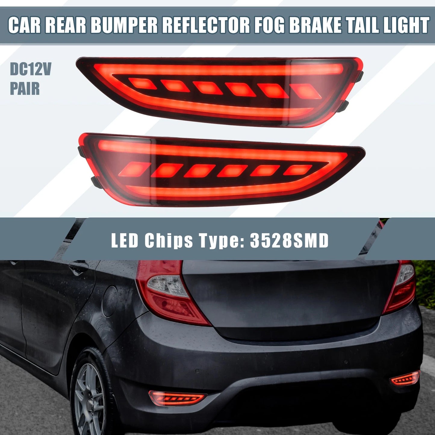 2 x Rear Bumper Reflector LED Brake Lights Red for Hyundai Accent (2012-2017)
