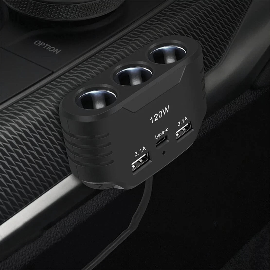 3-Way 120W Car Cigarette Lighter Socket Splitter Dual USB Charger Adapter