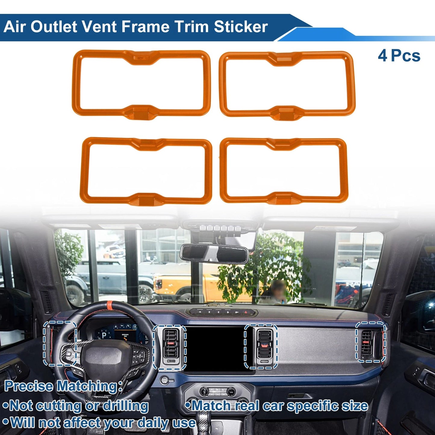 Air Condition Outlet Vent Trim Cover Frame 4 x Orange for Ford Bronco (2021-2024)