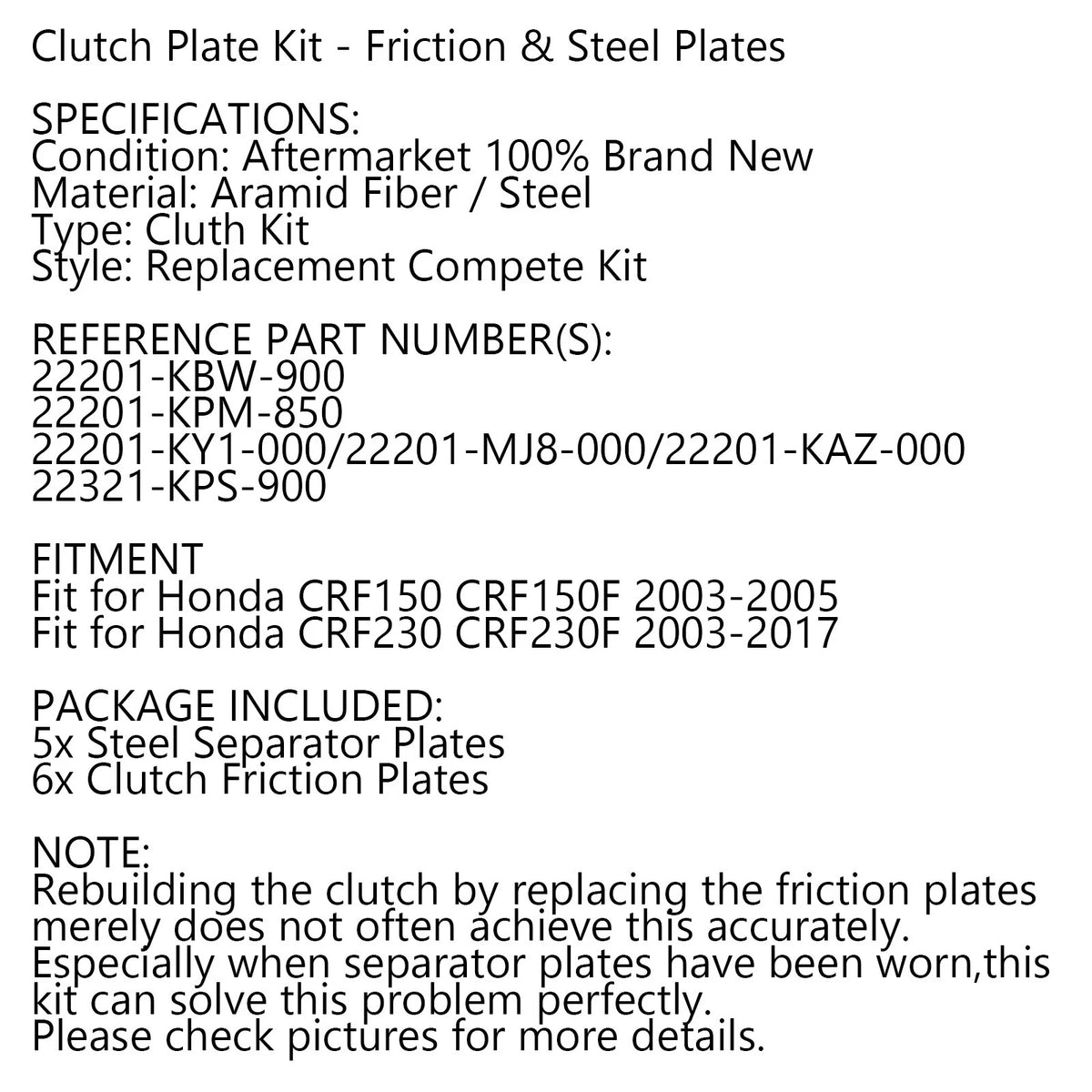 Clutch Kit for Honda CRF150, CRF150F, CRF230, CRF230F (2003-2023)