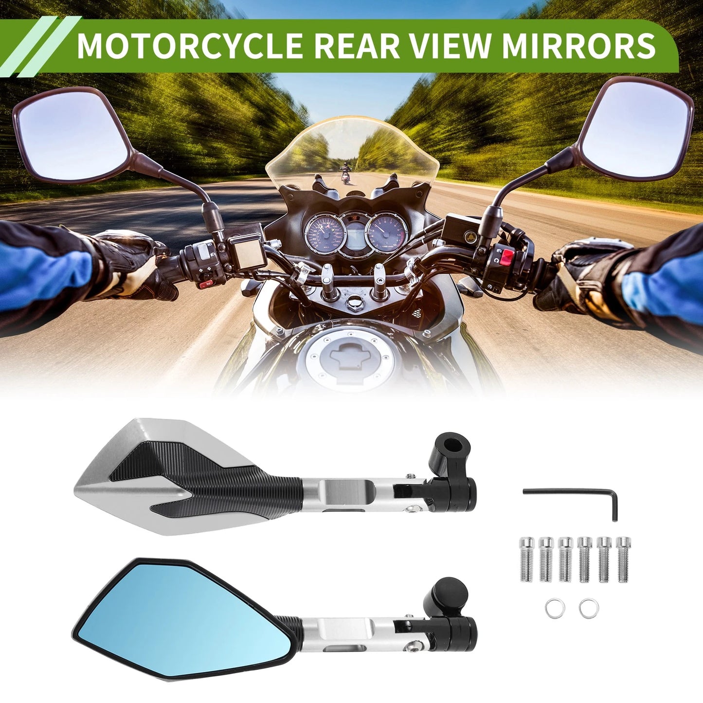 2 x Rear View Mirrors Polygonal Shape Silver Tone Aluminum Alloy for M8/M10 Motorcycle