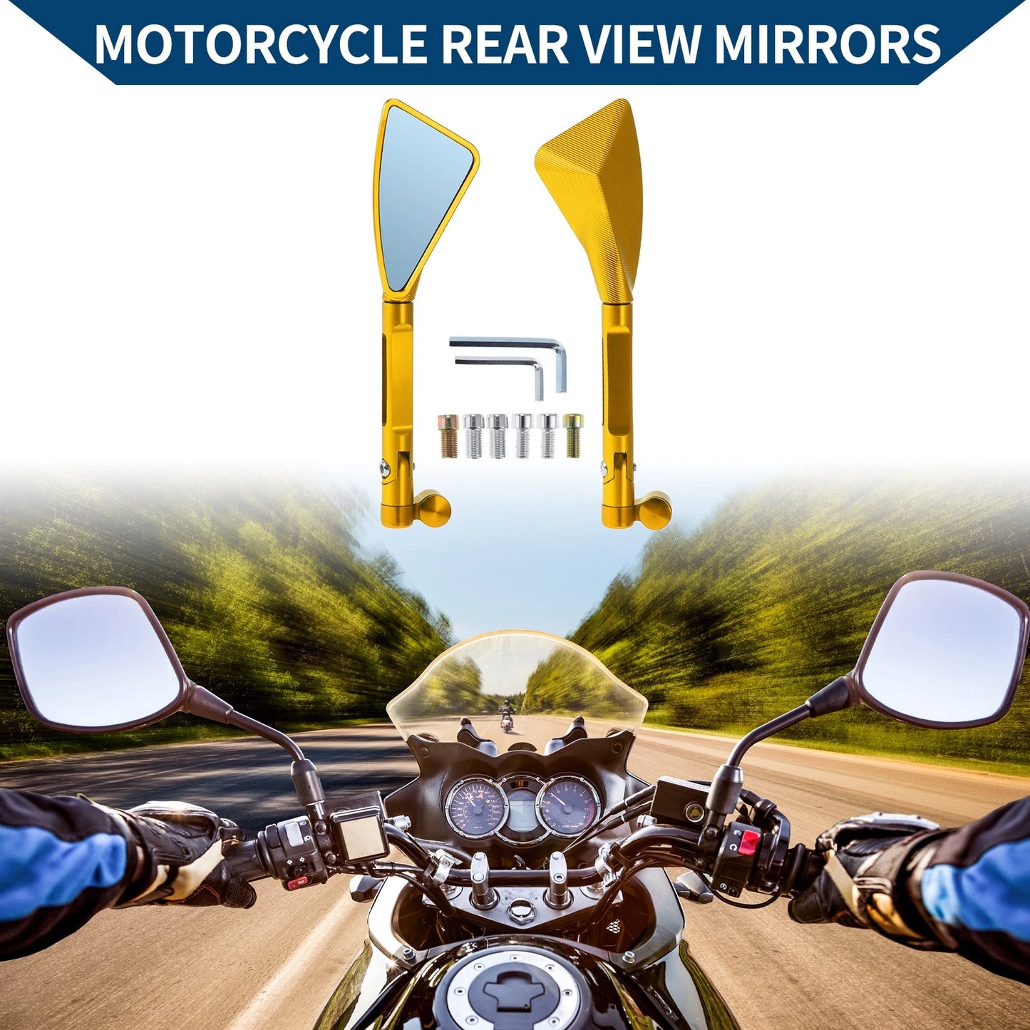 2 x Motorcycle Rear View Mirrors Triangle Gold Tone Aluminum Alloy