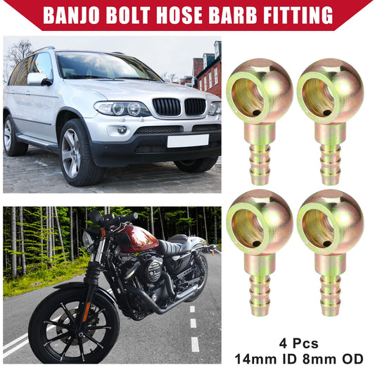 4 x Banjo Bolt Hose Barb Fitting 14mm ID 8mm OD Metal for Auto Motorcycle