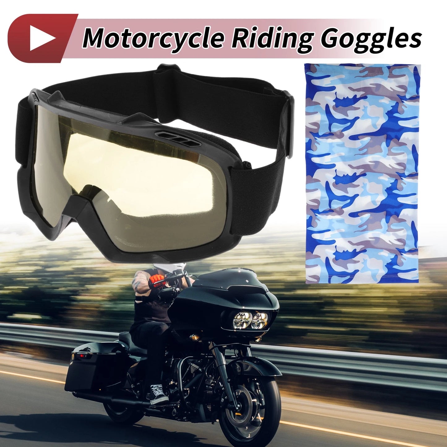 Motorcycle Riding Goggles Yellow Lens Black Frame PC