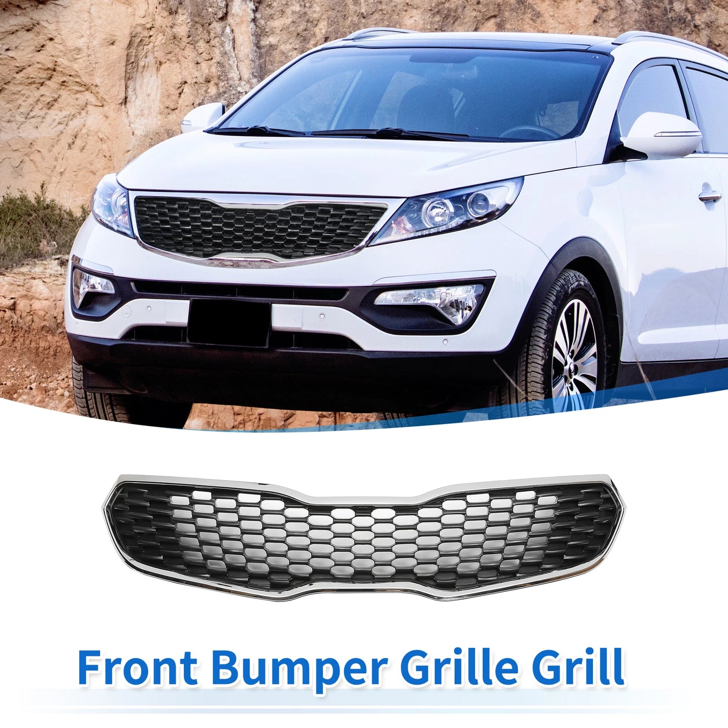 Upper Bumper Grille for Kia Forte (2014-2016) Black Chrome Silver Tone
