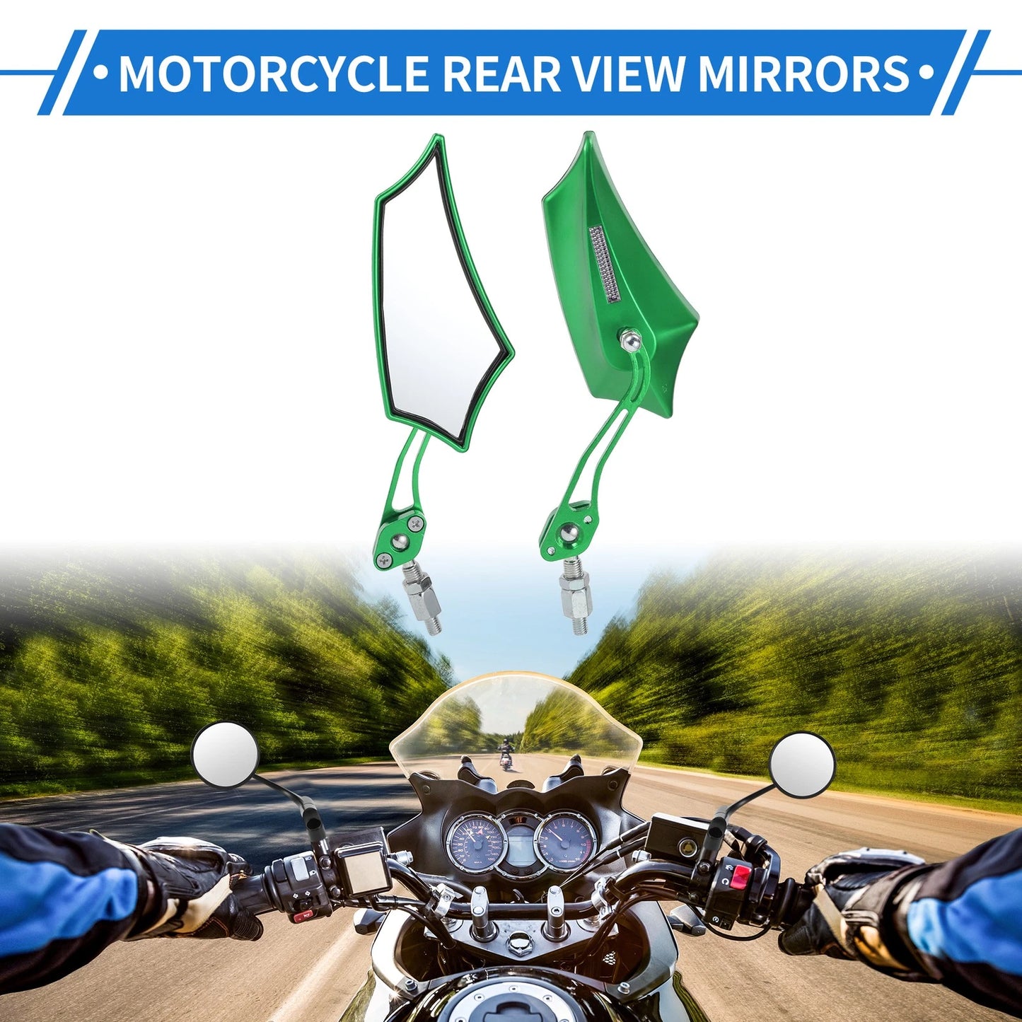 2 x Motorcycle Rear View Mirrors, Prismatic Shape Handlebar, Green