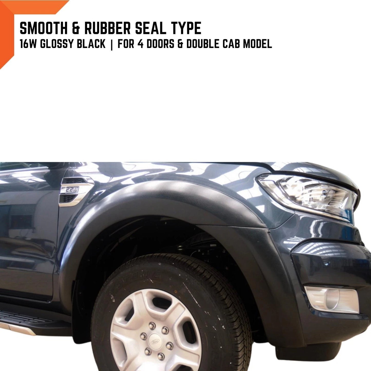 16W Glossy Black Smooth Fender Flares for Ford Ranger PX2 (2015-2018)