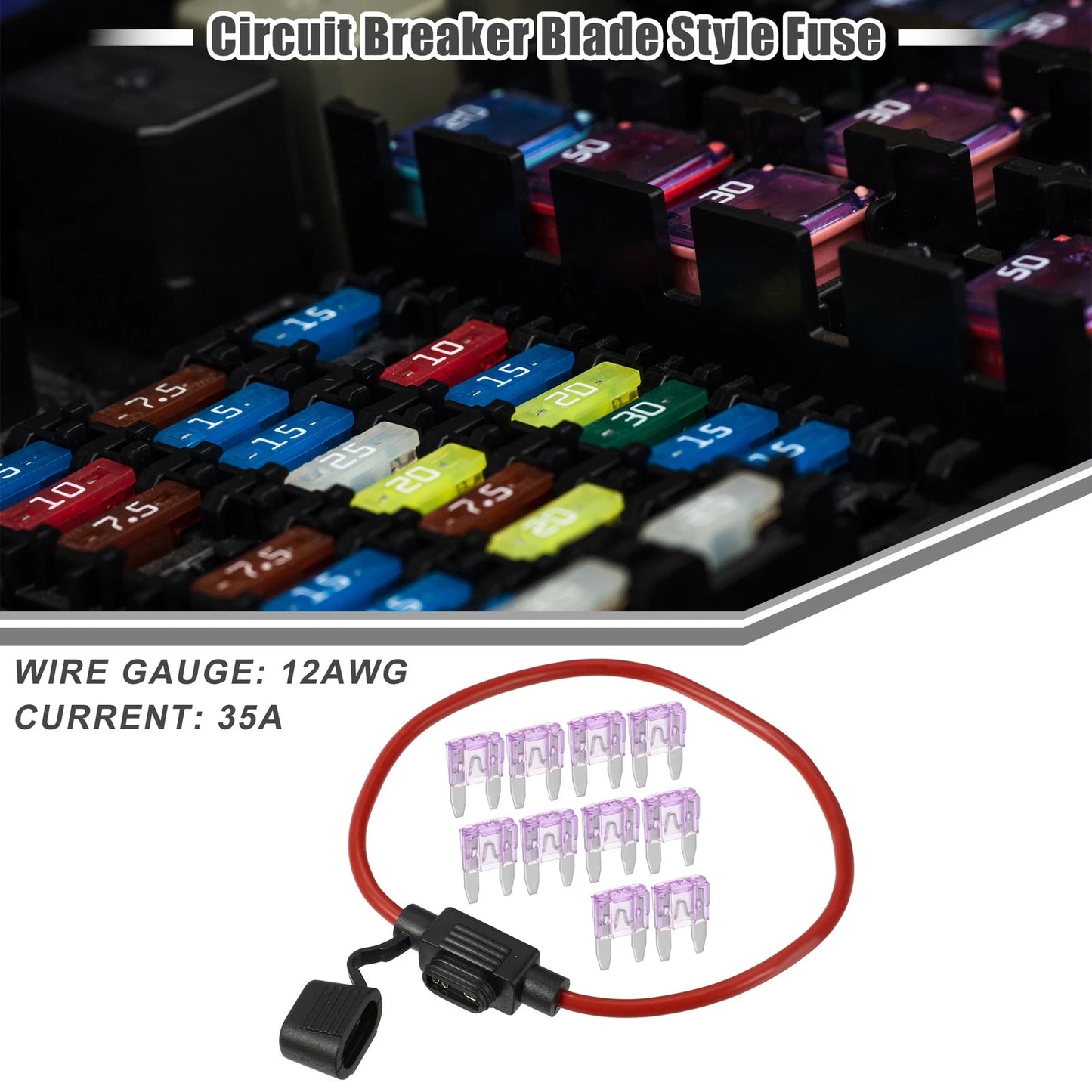 35A Mini Blade Style Fuse Set with 12 AWG Holder for Car