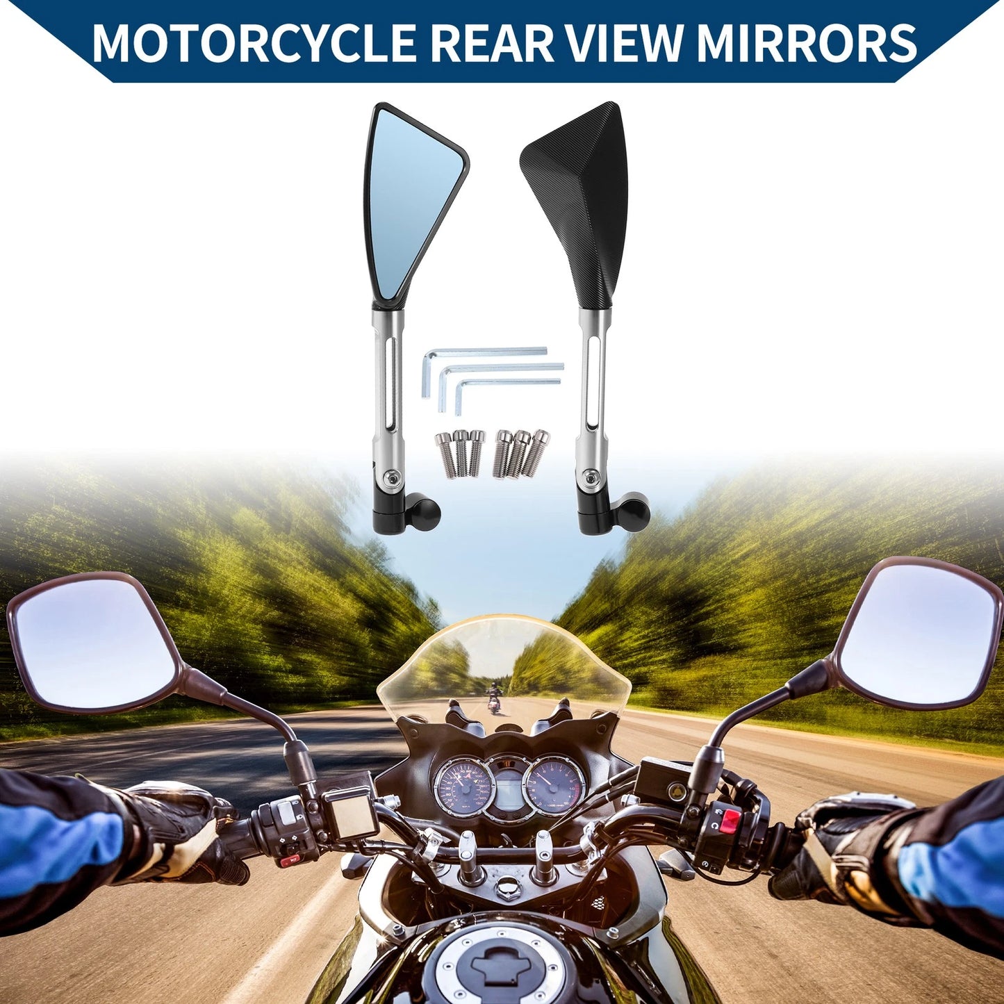 M8/M10 Rear View Mirrors Triangle Shape Black Silver Tone for Motorcycle