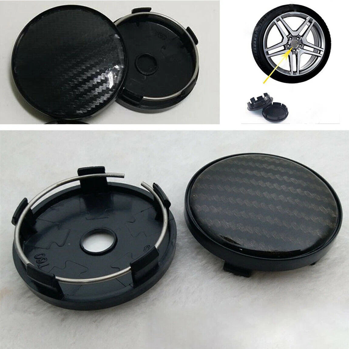 4 x Black Carbon Fiber Look Wheel Hub Center Caps Covers 60MM for Auto Car