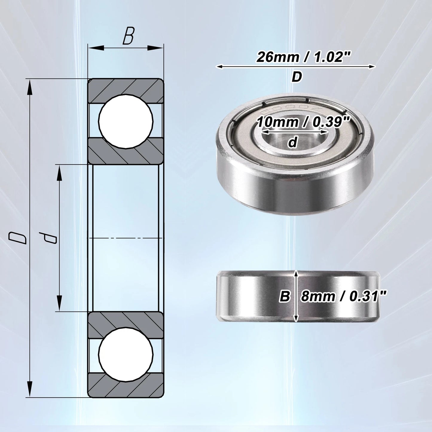 2pcs 10x26x8mm Double Shield Single Row Deep Groove Ball Bearings for Car