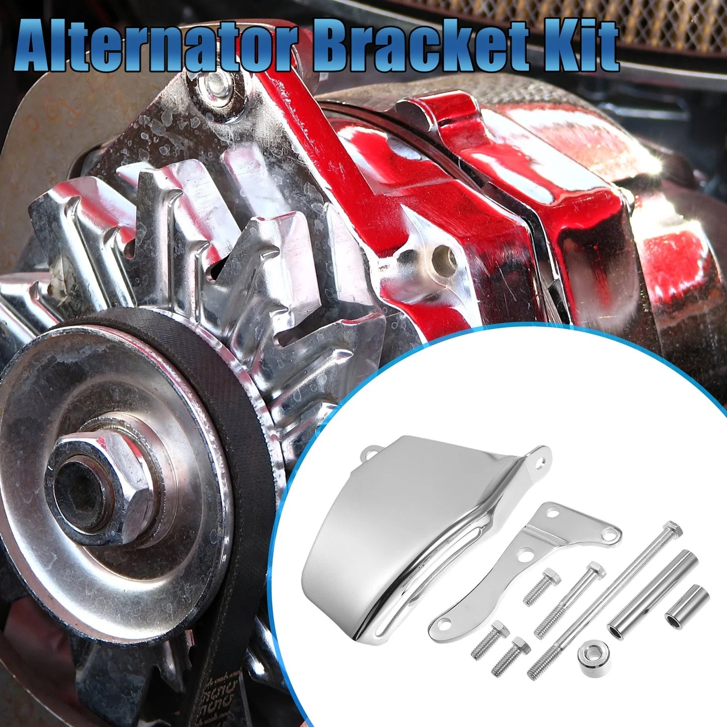 Polished Long Water Pump Alternator Bracket Kit for Chevy SBC 305