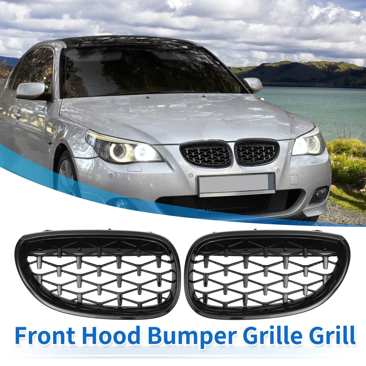 Front Hood Bumper Grille for BMW 5 Series E60 2004-2009 (2 x Black)