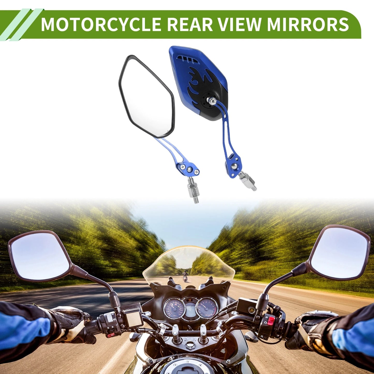 M8/M10 Rear View Mirror Polygonal Aluminum Alloy Black Blue for Motorcycle