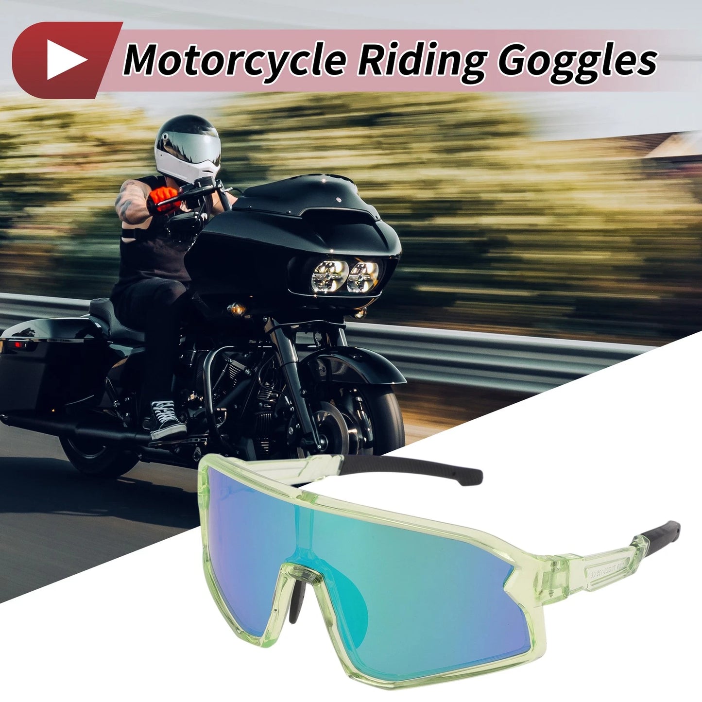 1 Set Motorcycle Riding Goggles Green Lens Clear Green Black Frame PC UV400