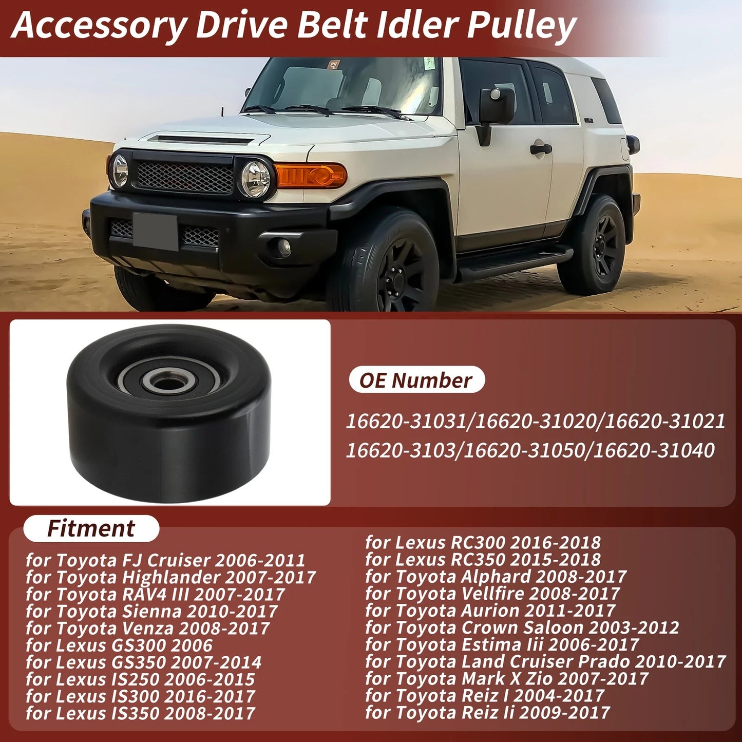 Accessory Drive Belt Idler Pulley for Toyota RAV4, Sienna, Lexus (2001-2023)
