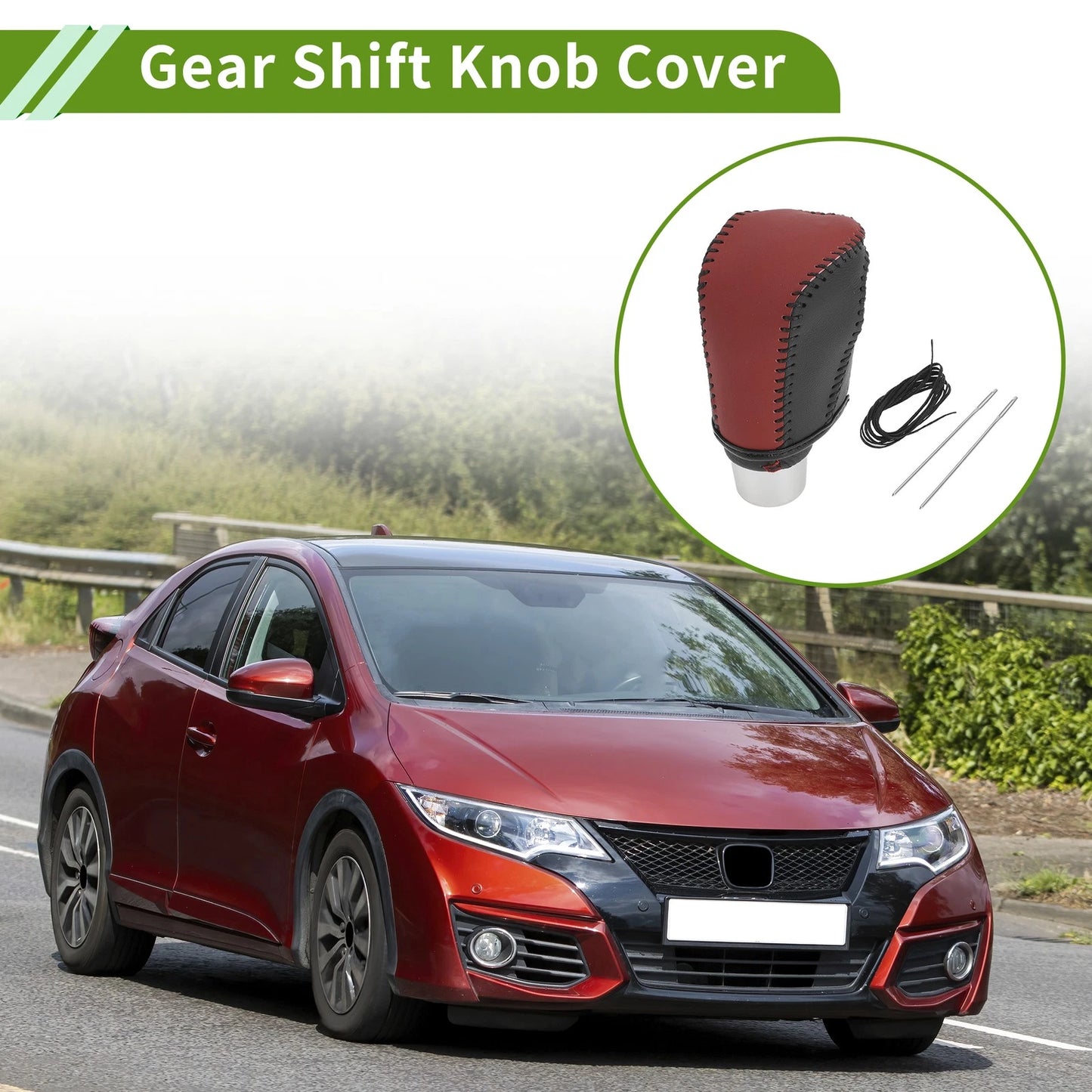 Red Black Faux Leather Gear Shift Knob Cover for Honda Civic (2016-2021)
