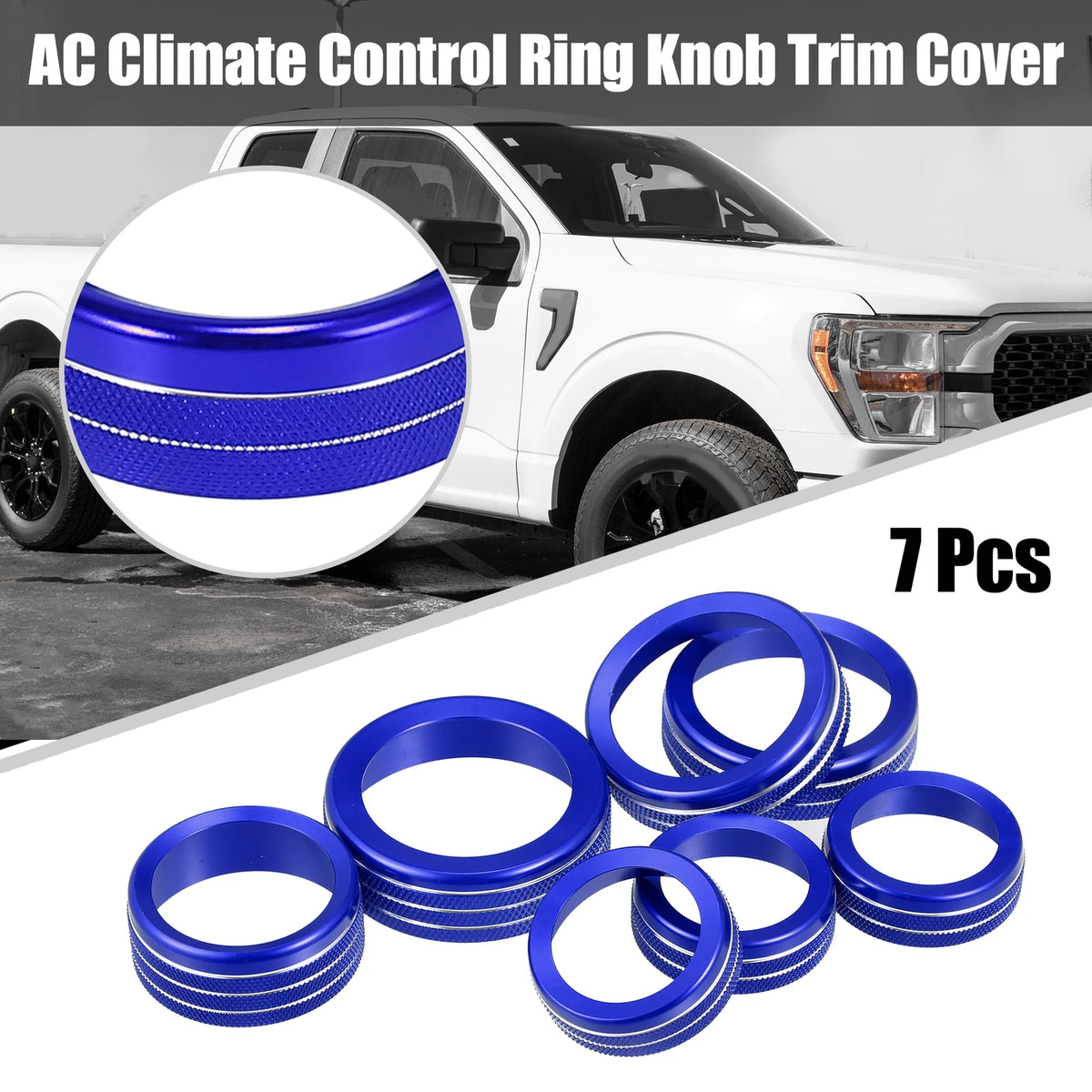 7 x Blue AC Climate Control Ring Knob Trim Covers for Ford F-150 (2021-2022)