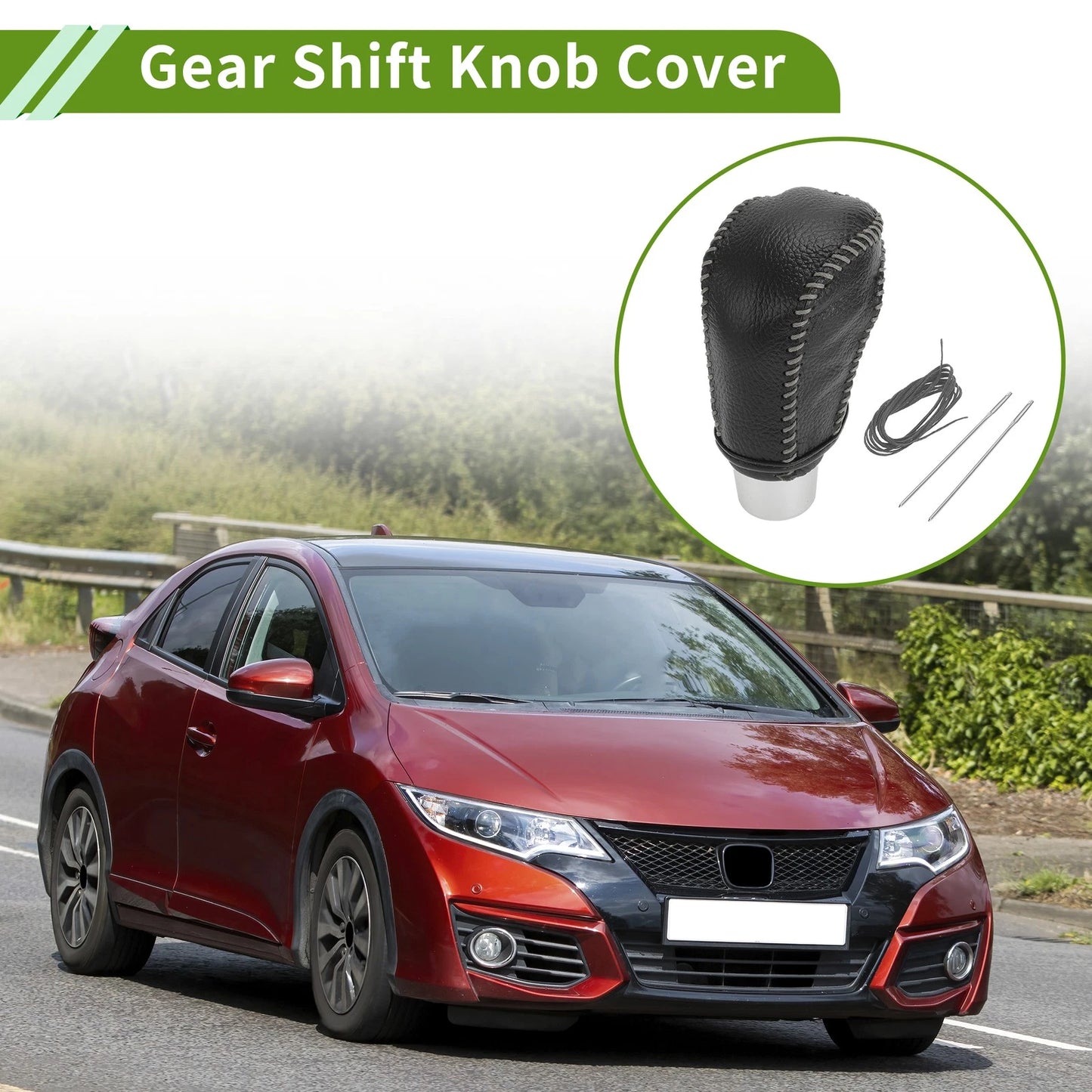 Gear Shift Knob Cover for Honda Civic 2016-2021 Pebbled Black Grey Leather
