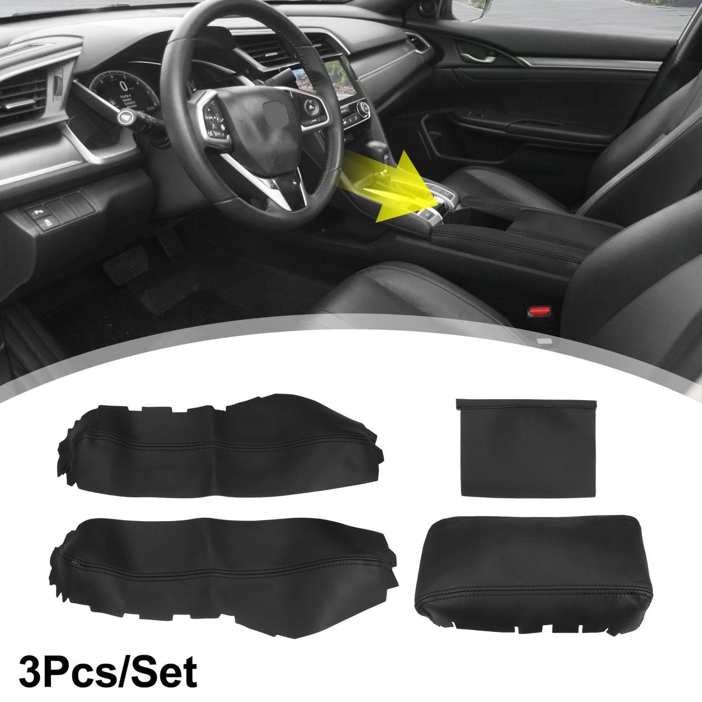 3 Pcs Armrest Covers for Honda Civic 10th Gen 2016-2020 Black with Line