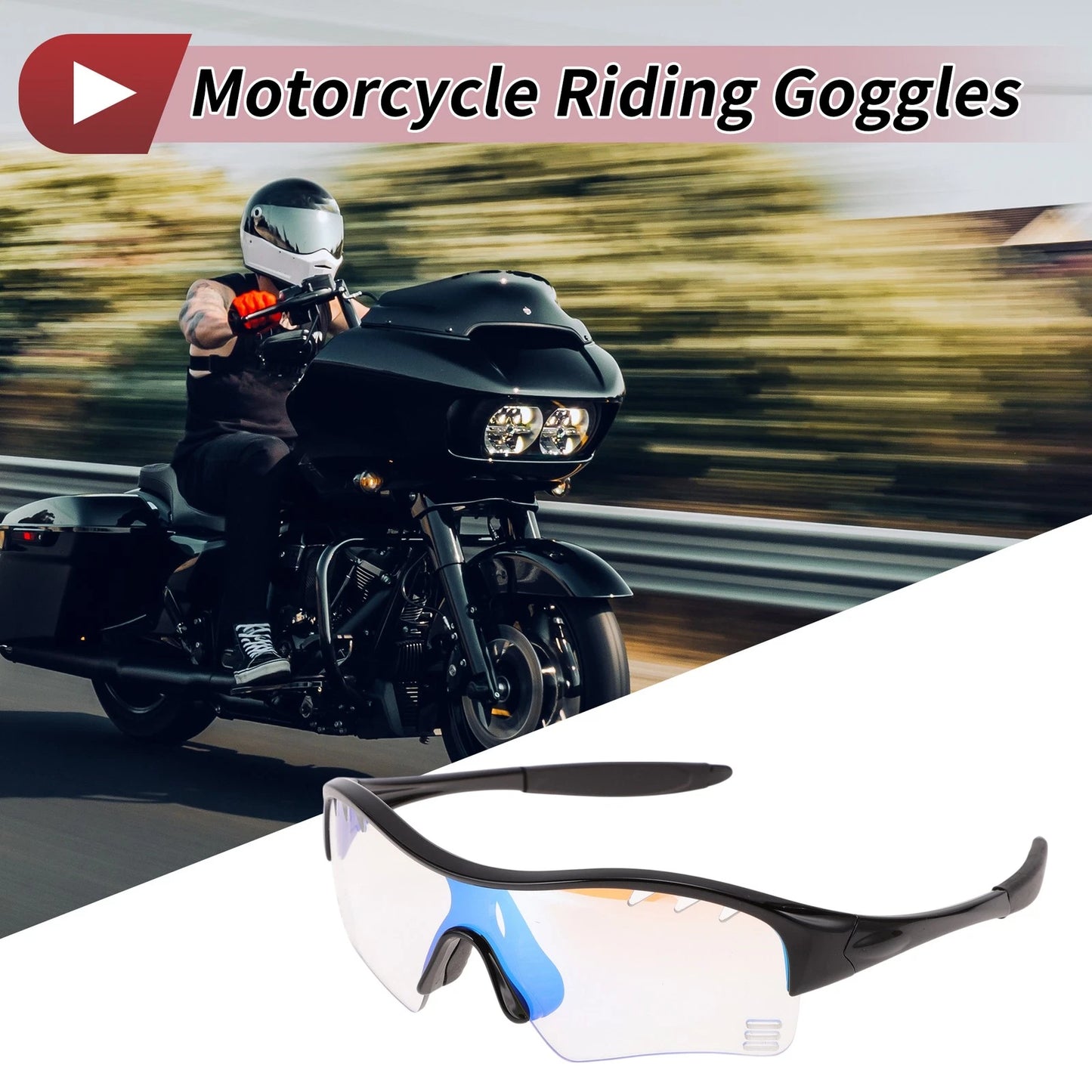 Set Motorcycle Riding Goggles Light Blue Lens Black Frame PC TPU