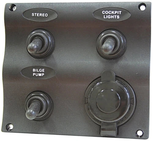 3 Gang Toggle & 1 Cig Power Socket Waterproof Marine/Boat Switch Panel