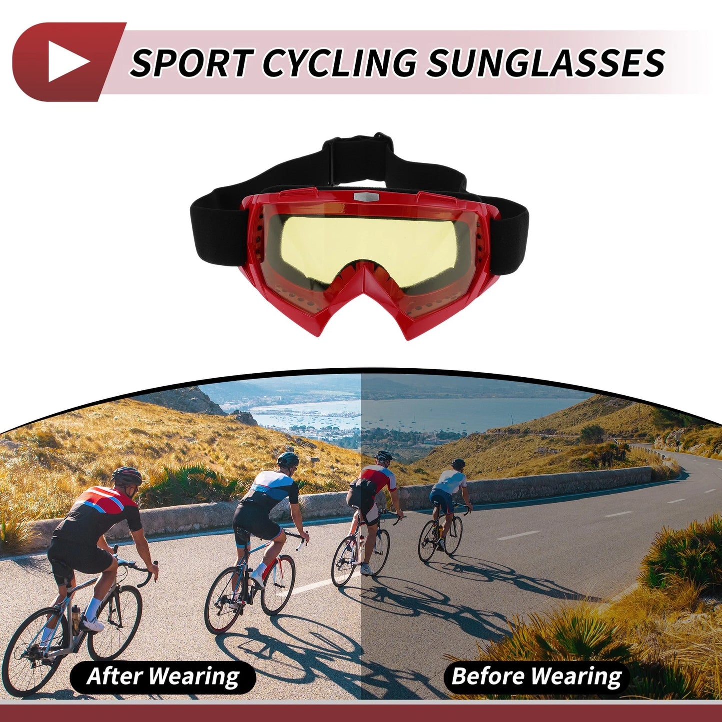 Set Motorcycle Riding Goggles Yellow Lens Red Frame PC Cycling Sunglasses
