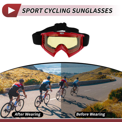 Set Motorcycle Riding Goggles Yellow Lens Red Frame PC Cycling Sunglasses
