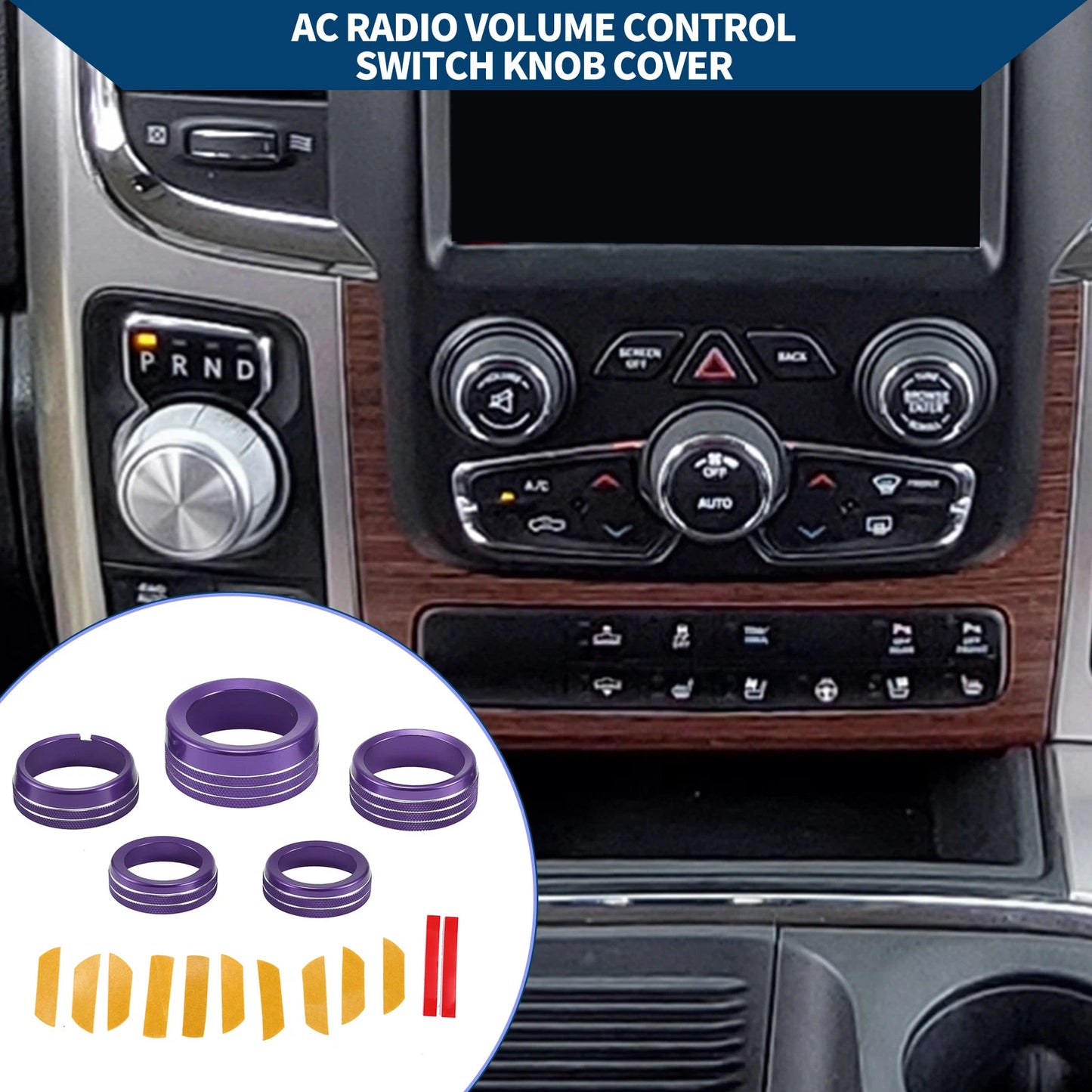AC Gear Shift Headlight Media Knob Cover for Dodge RAM (2013-2017) Purple 5 Pcs