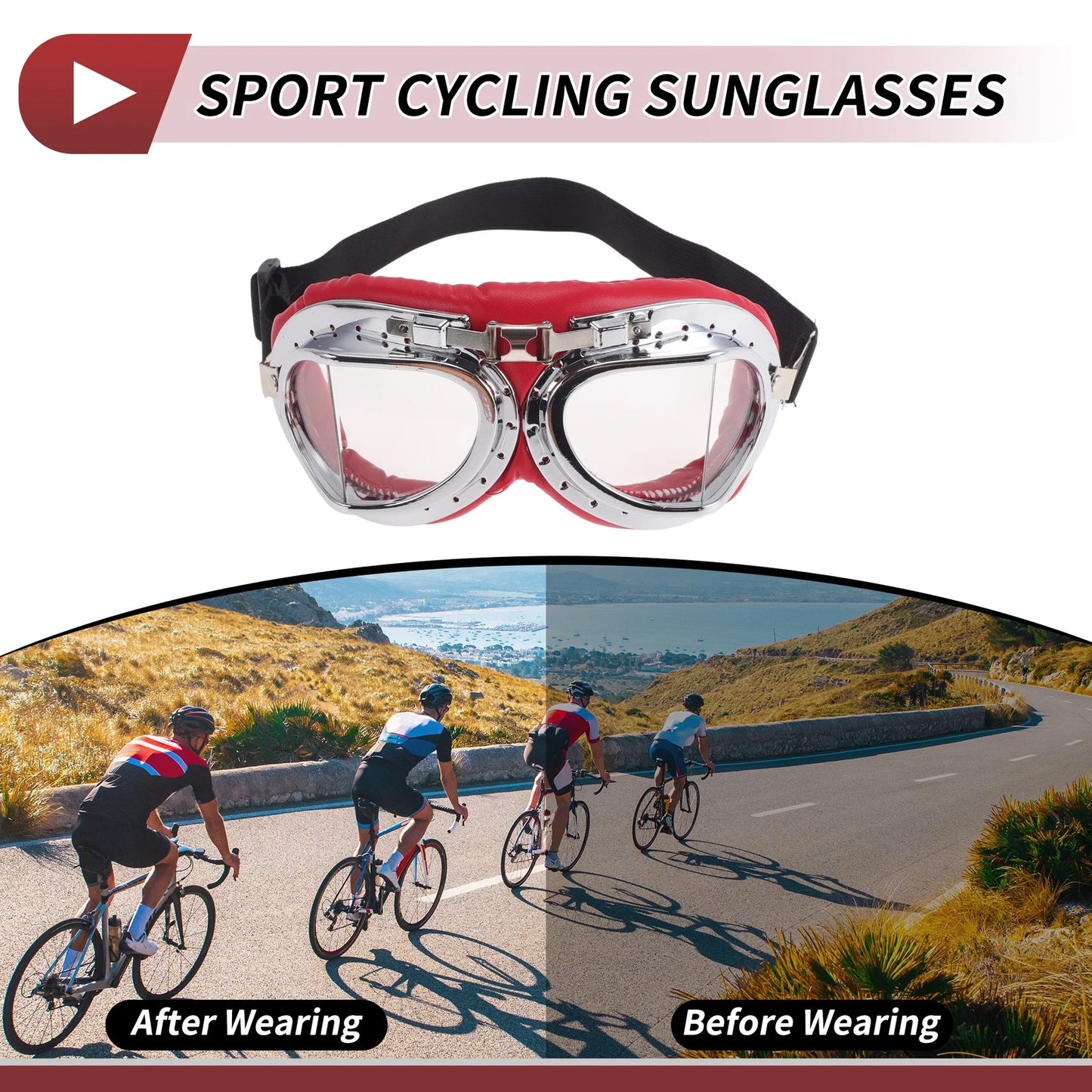 1 Pc Motorcycle Riding Goggles Clear Lens Red Silver Tone Frame PC PU Sponge