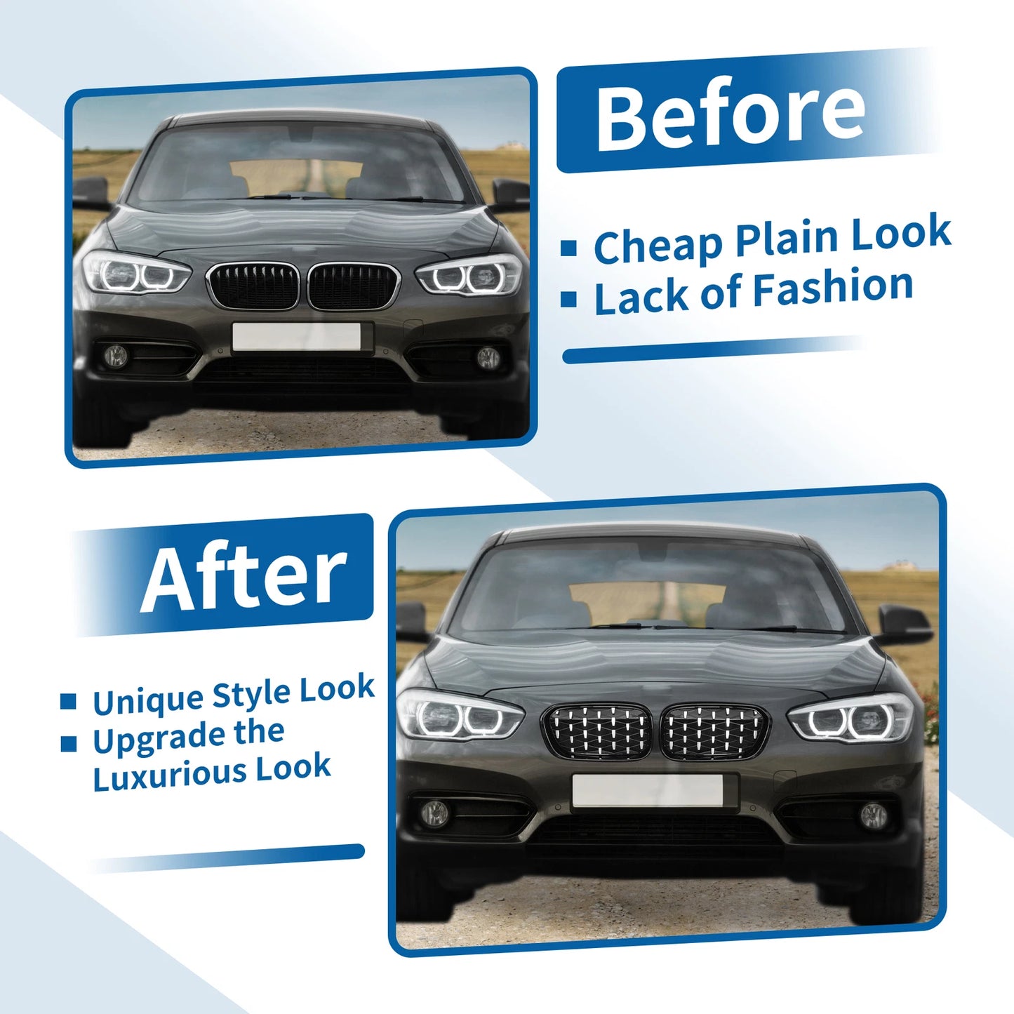 Front Upper Bumper Grille for BMW 1 Series (2012-2019) - Chrome Silver Tone