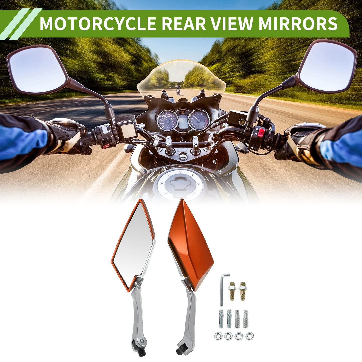 M8/M10 1 Set Rear View Mirrors for Motorcycle Prismatic Orange Aluminum