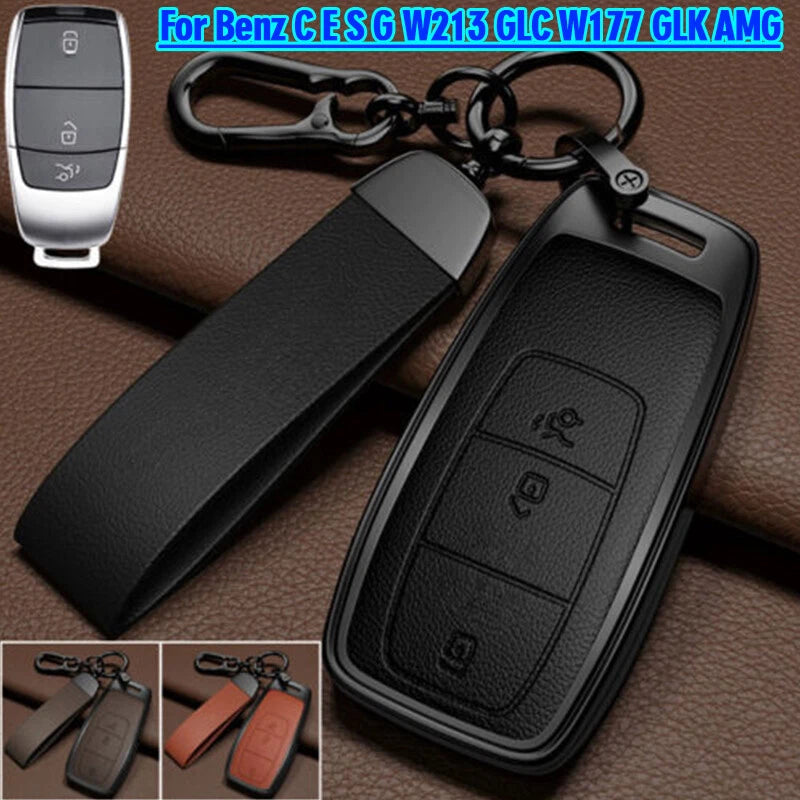 Zinc Alloy Leather Car Key Fob Case Cover for Benz C E S G W213 GLC W177 GLK AMG