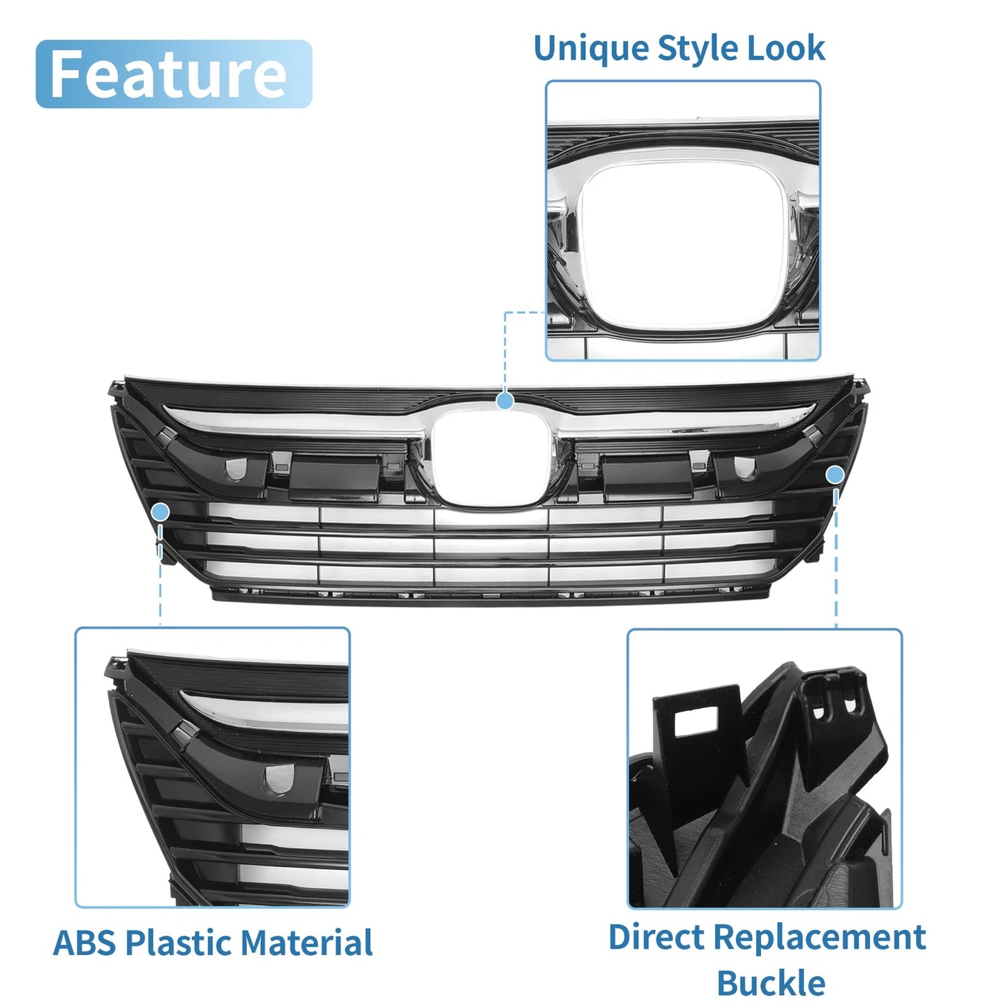 Front Upper Bumper Grille for Honda Odyssey (2018-2020) Chrome Silver Tone