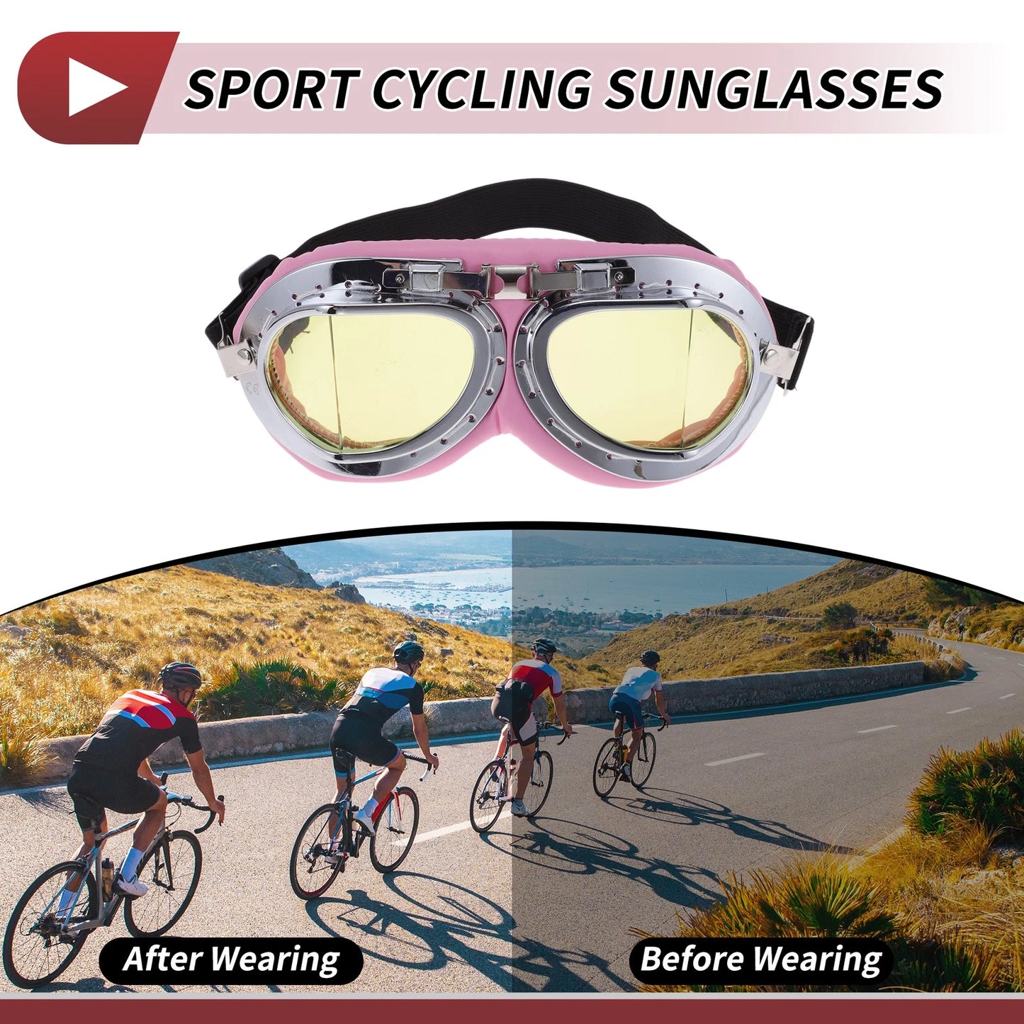 Set Motorcycle Riding Goggles Yellow Lens Pink Frame PC Cycling Sunglasses