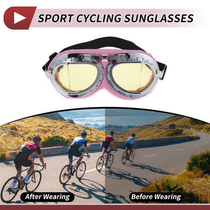 Set Motorcycle Riding Goggles Yellow Lens Pink Frame PC Cycling Sunglasses